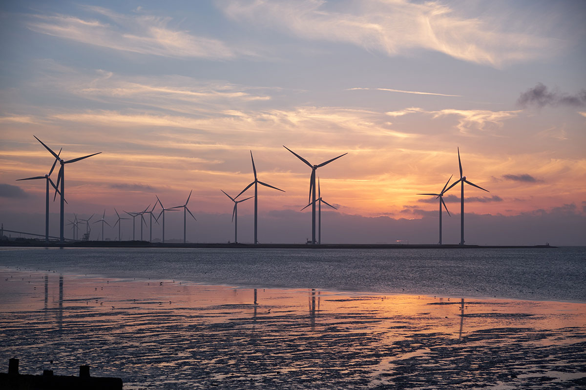 Sunset with rows of wind turbines in shallow sea