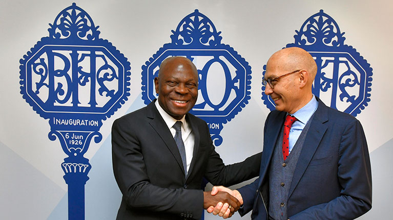 ILO DG Guilbert Houngbo, with Volker Türk UN High Commissioner for Human Rights shaking hands