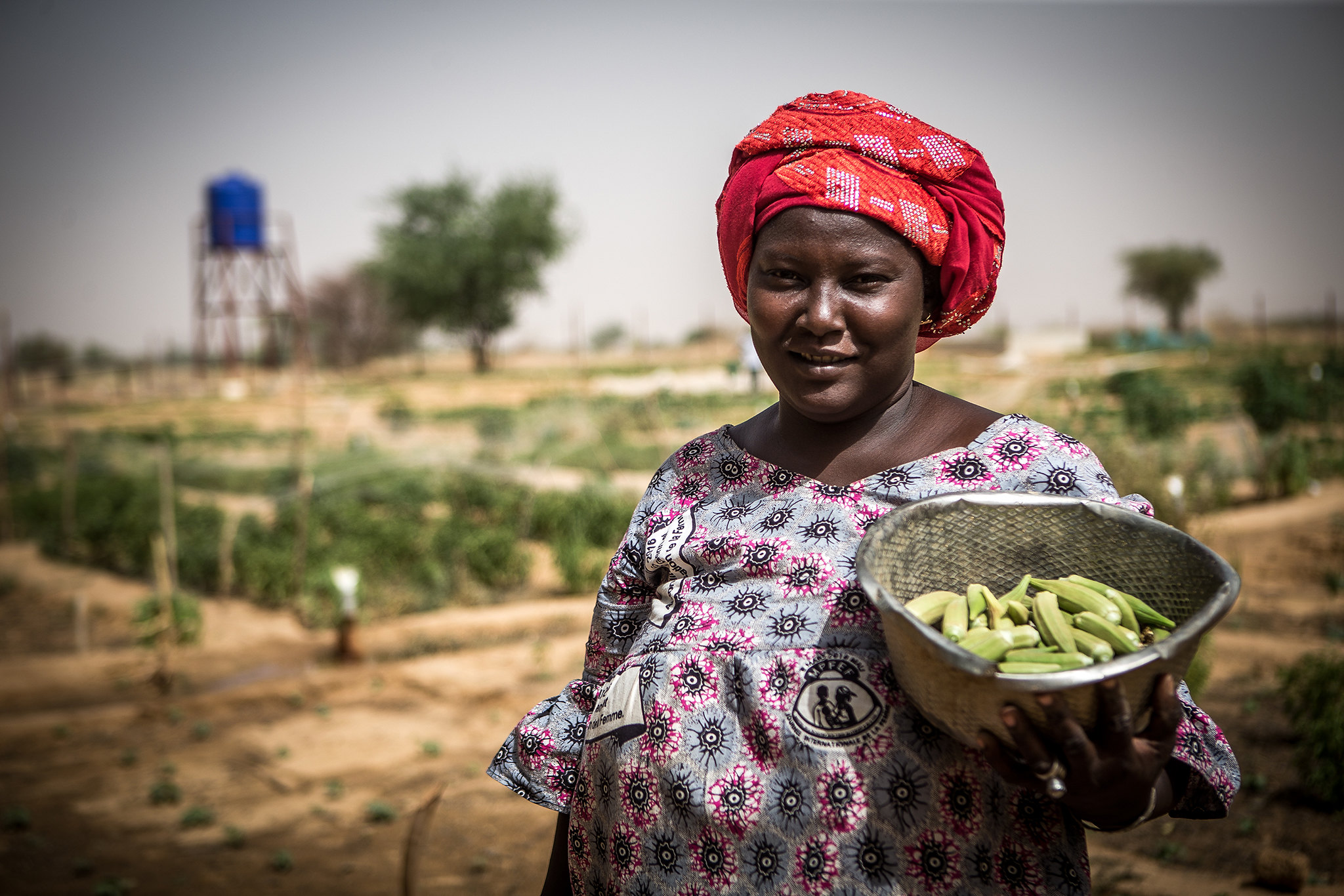 Woman farmer standing in a field with a basket of vegetables in Gao Mali
