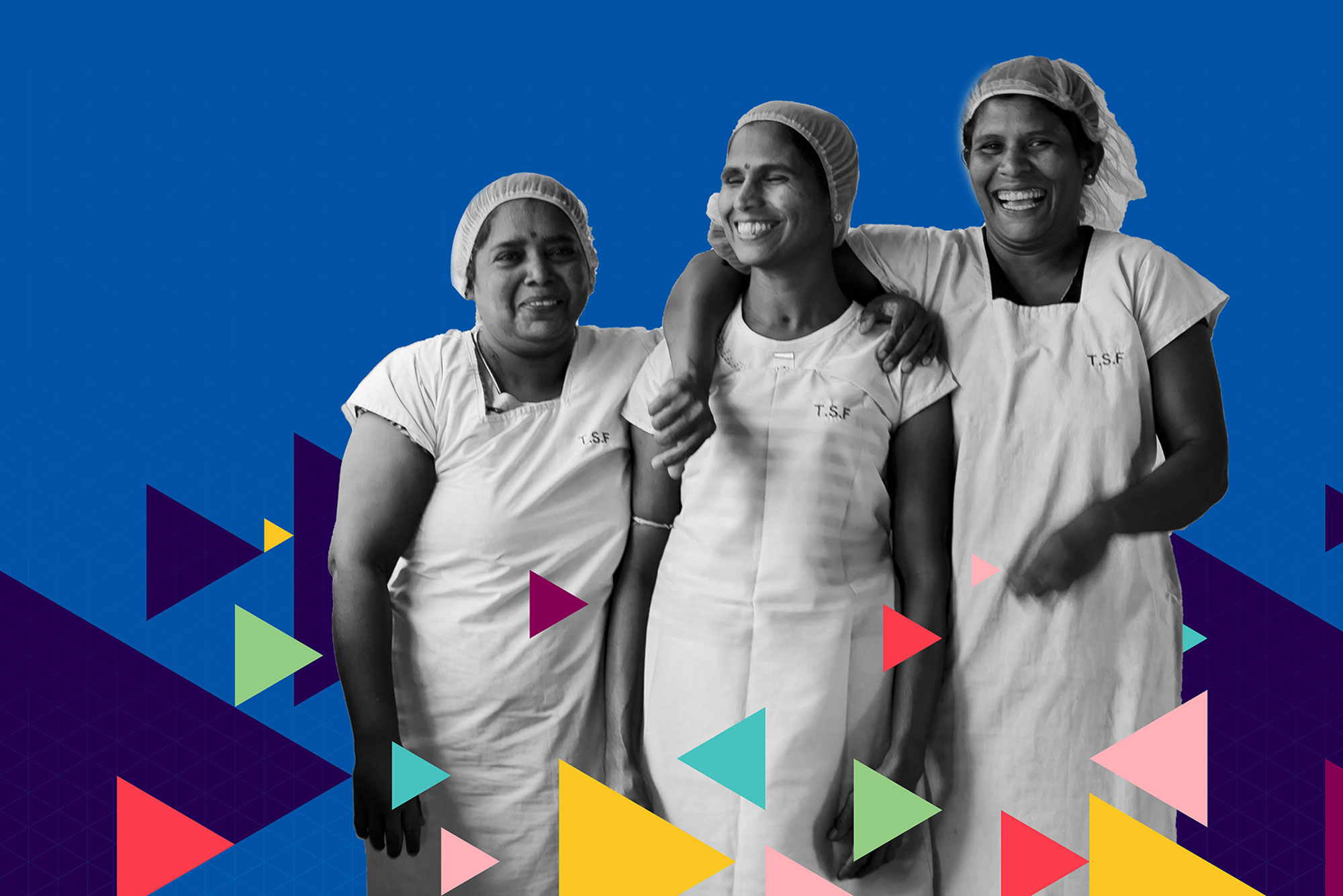 Black and white Image of group of ladies with hair nets and aprons on blue background and coloured triangles