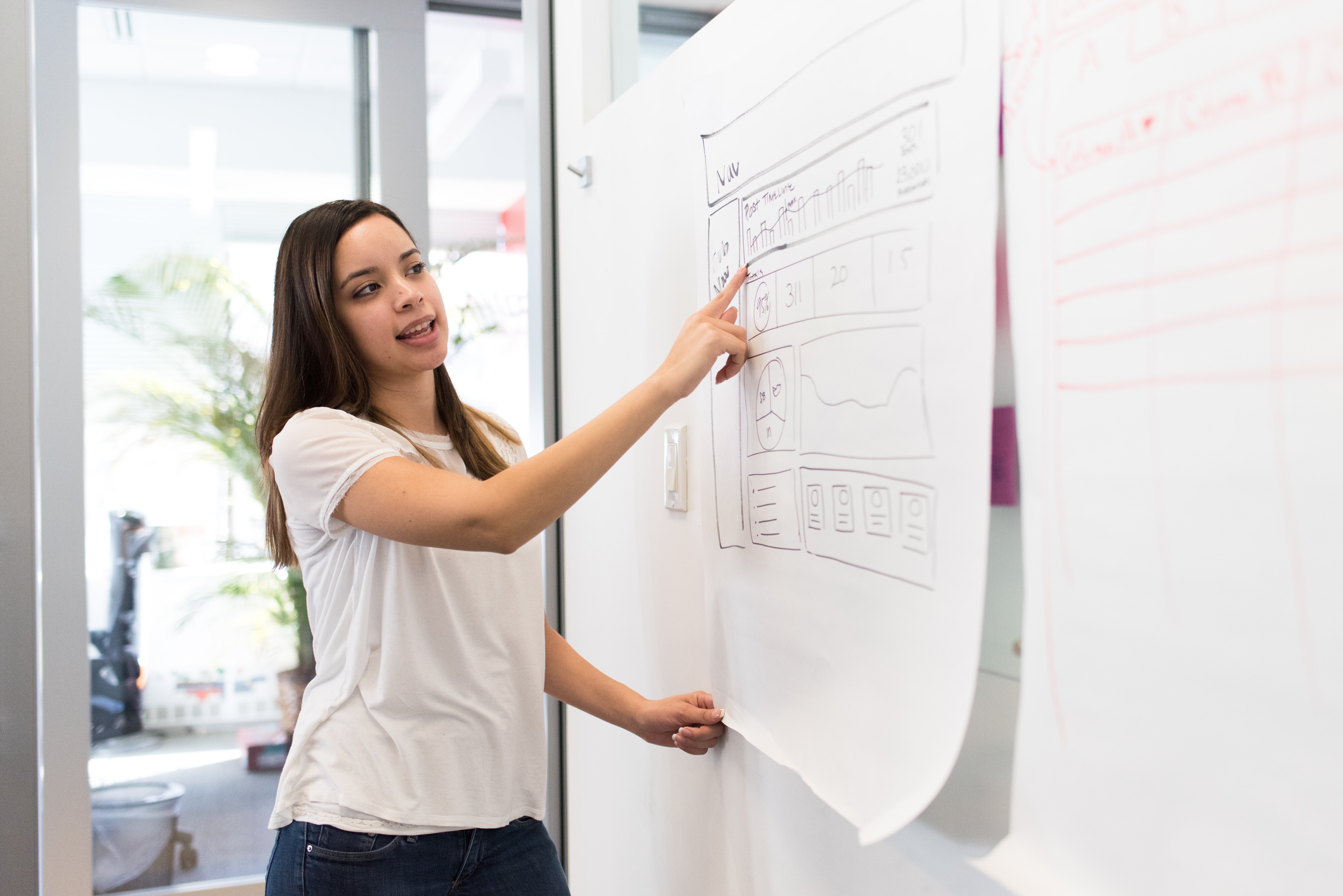 Lady pointing to text on white board