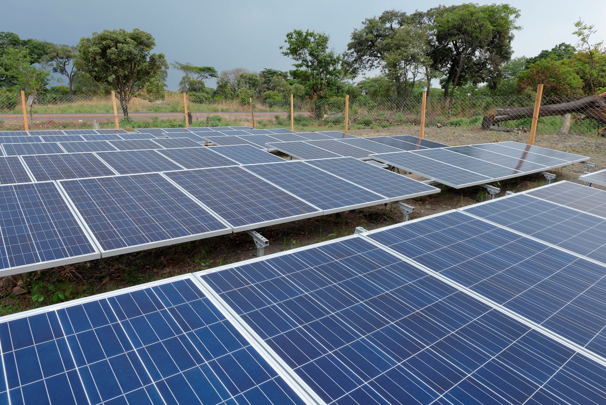 Solar panels in a field surrounded by wooden picket fences in Zambia