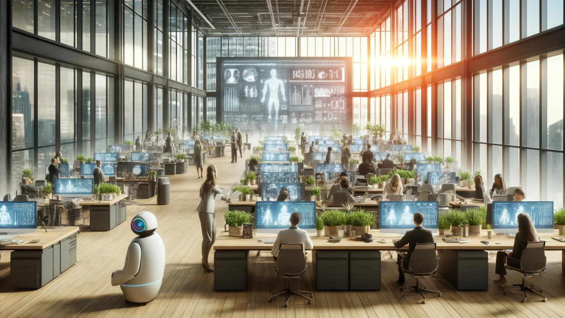 Large, bright, glassed-in virtual open space with a robot and dozens of workers in front of computers