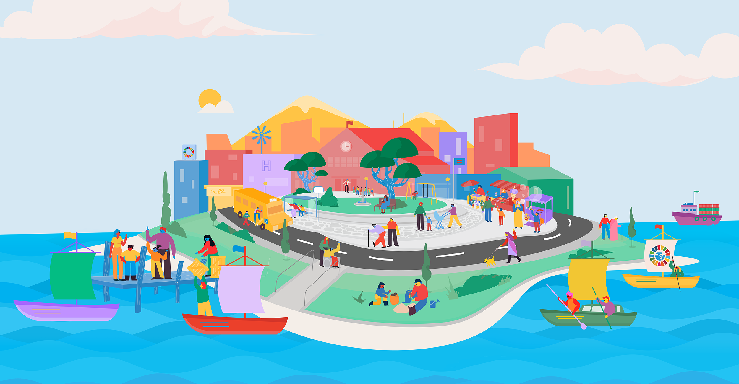 Colourful illustration of activities requiring care work in a small city by the sea