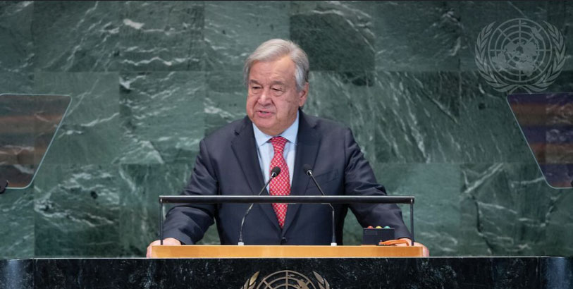 UN's SDG Guetrres giving speech at UN headquarters New York