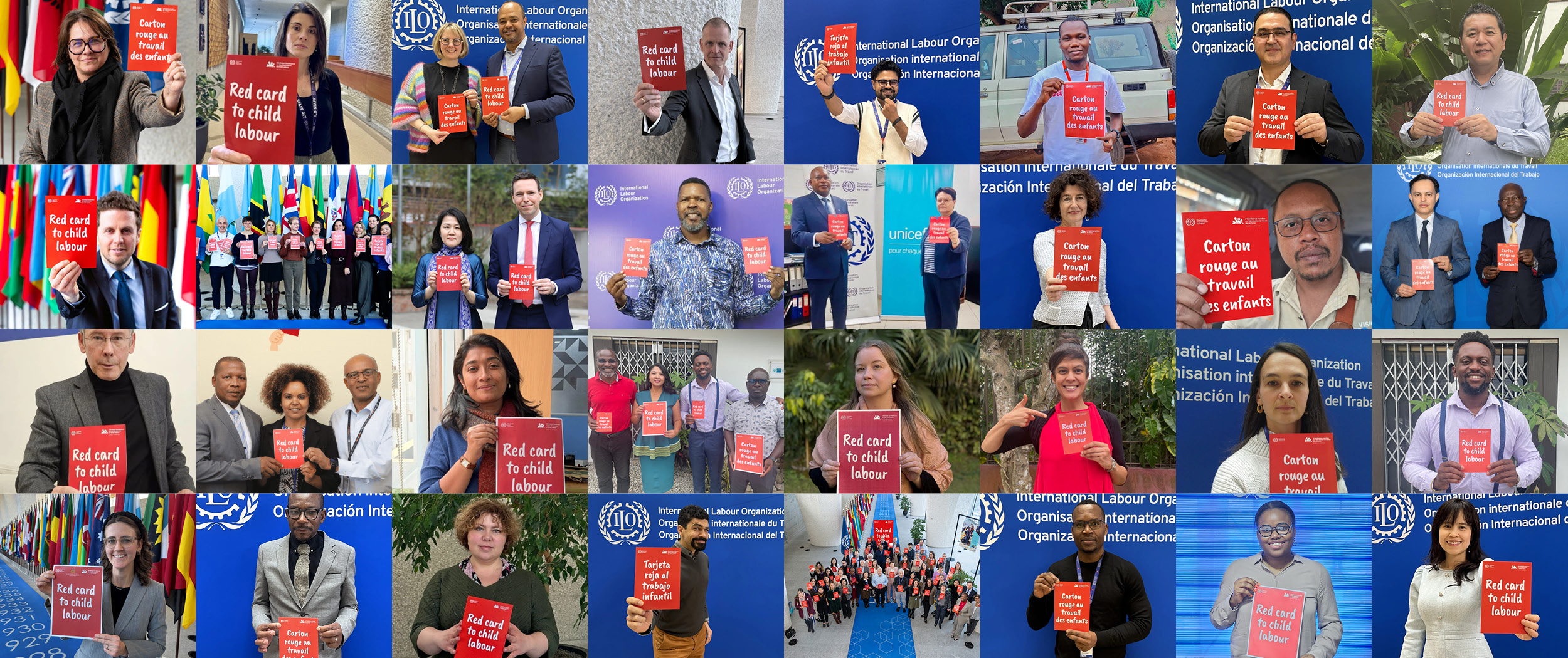 Small head shots of individual people holding a red card with "Red card to child labour" slogan