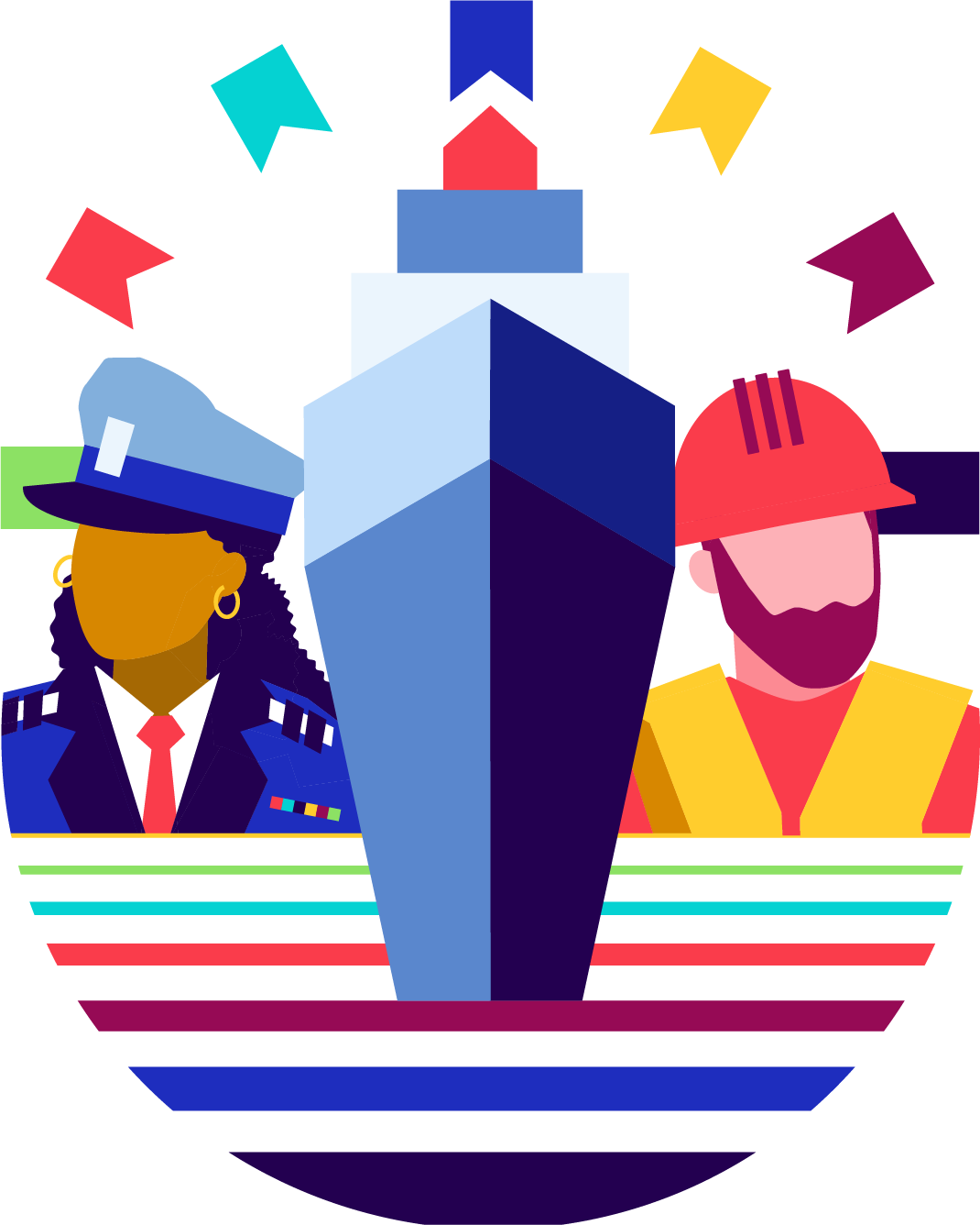 infographic with shouldershots of two seafarers etither side of blue ship