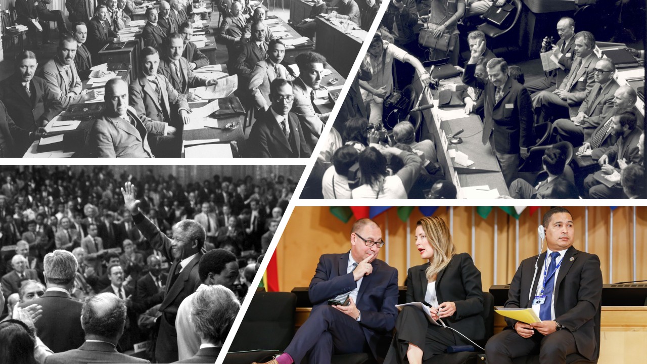 Photomontage sowing 4 scenes of delegates in meeting rooms over time - colour and black and white