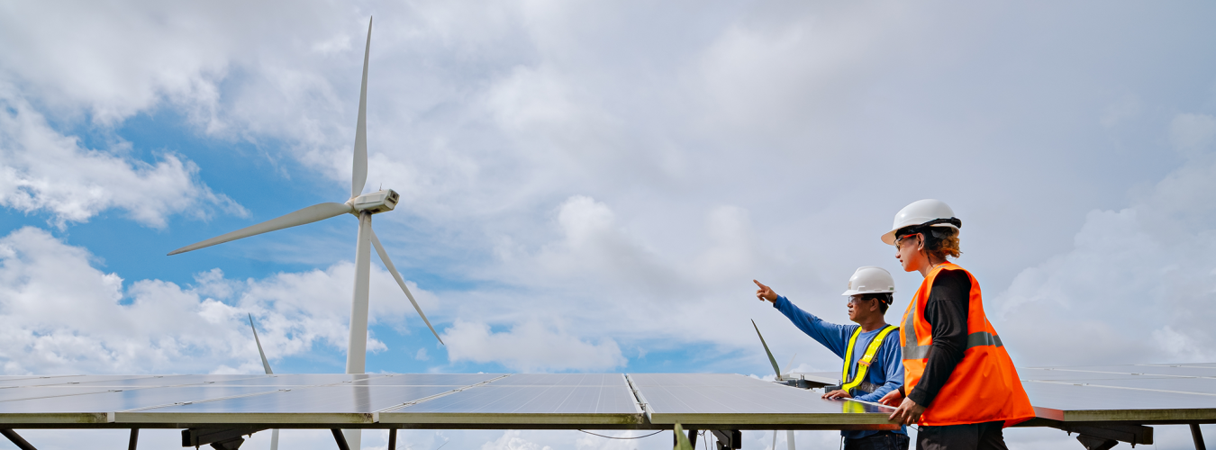 A young and an older worker in safety helmets inspect solar panels and wind turbines at a renewable energy facility, illustrating skills and employment in the green economy.