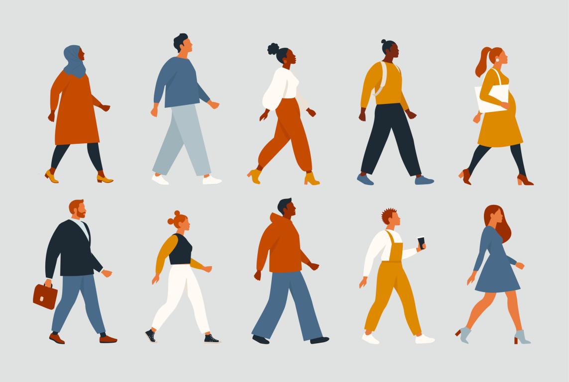 Women and men walking in the same direction