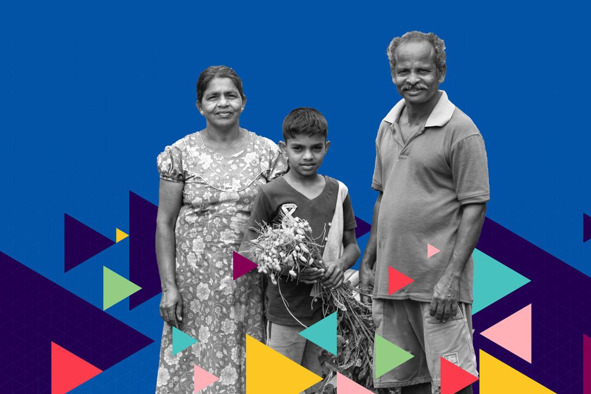 Black and white Image of man woman and child holding flowers on blue background and coloured triangles