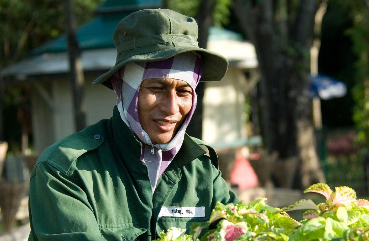 Man in green overalls and hat tending to plants outside in Bangkok