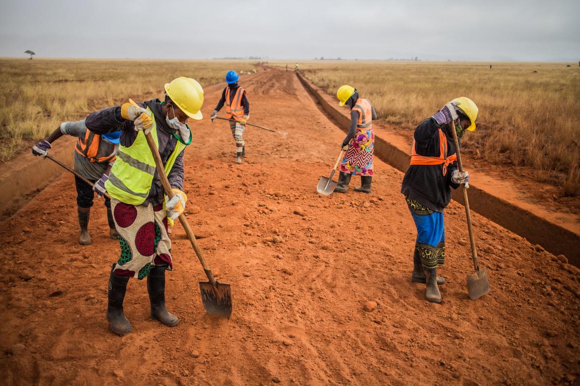 Local women working on the rehabilitation of a section of the Ranotsara Andranombao road, in the Iakora district, Ihorombe region, Madagascar