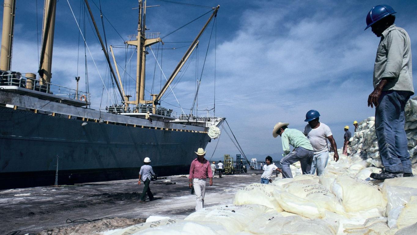 Workers standing on bags of flour in front of a small cargo ship at a dock