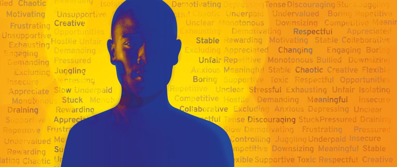 Infographic of blue head and shoulder silhouette with yellow background