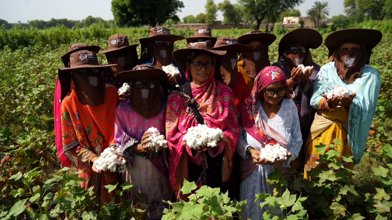 A group of woman hold up cotton in a field