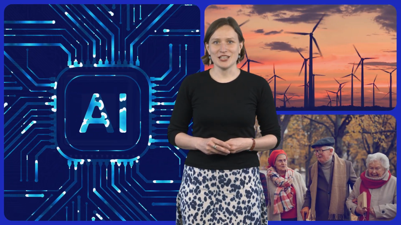A woman presents information about AI and factory