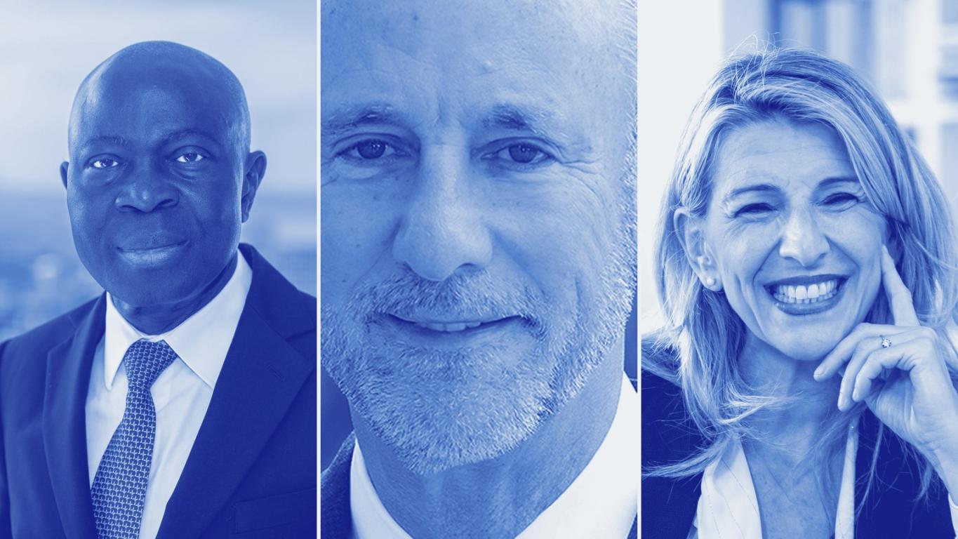 A composite image of Gilbert Houngbo, Javier González-Olaechea Franco and Yolanda Díaz Pérez