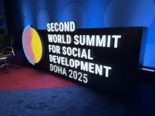 Second World Summit for Social Development banner at the Qatar National Convention Centre
