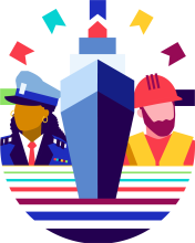 infographic with shouldershots of two seafarers etither side of blue ship