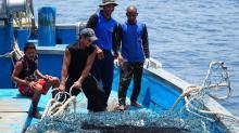 A group of fisherers trowing net from their fishing boat into the sea, smiling
